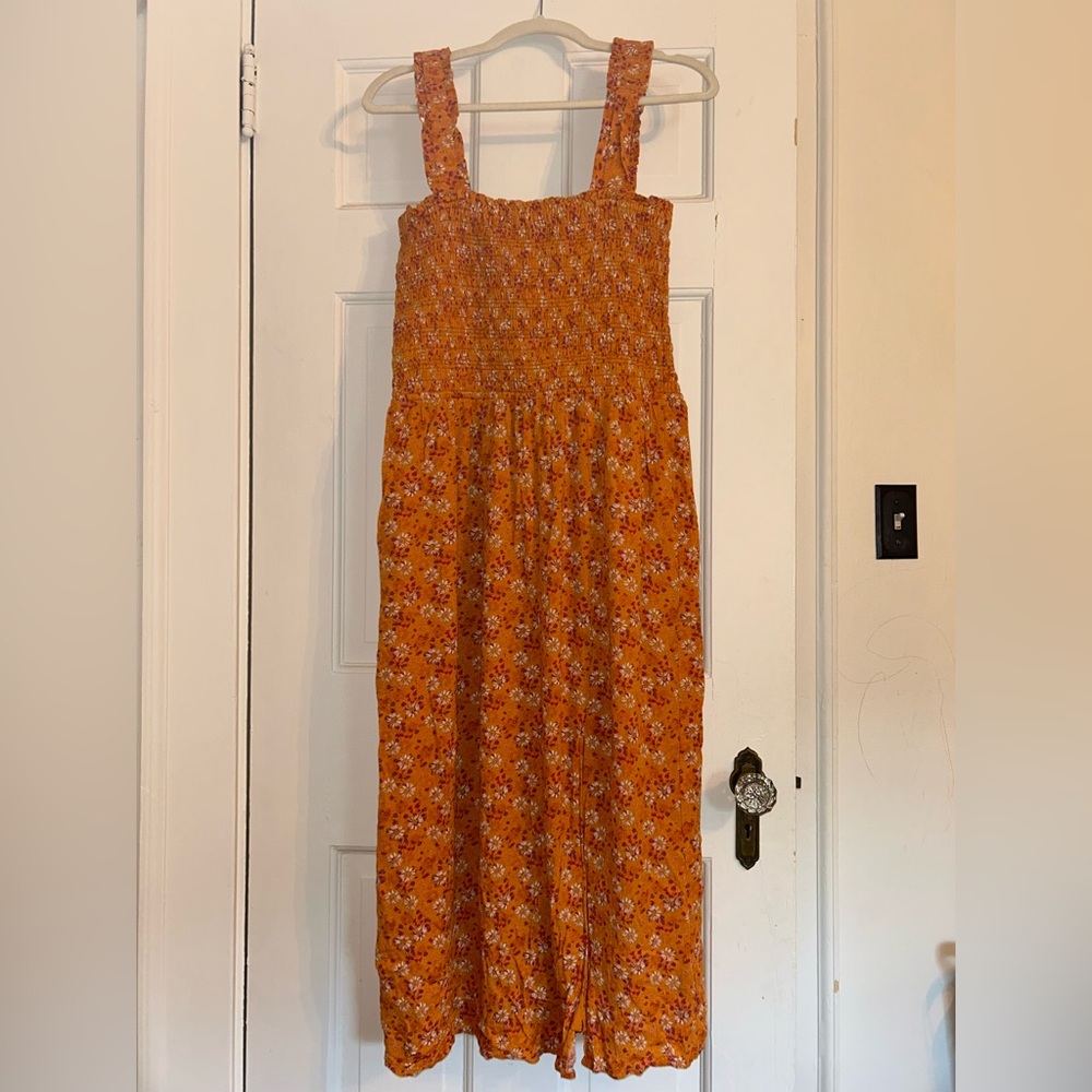 Wayf Orange Floral Midi Dress